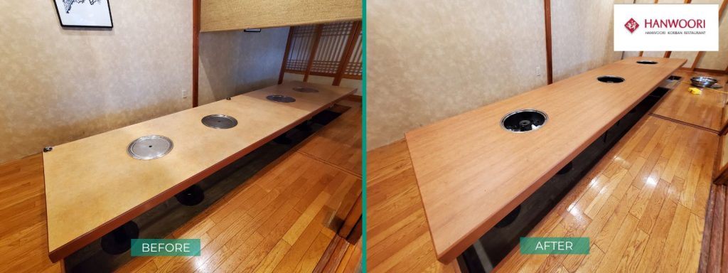 Hanwoori Restaurant renovation with W508: tables resurfacing before and after.