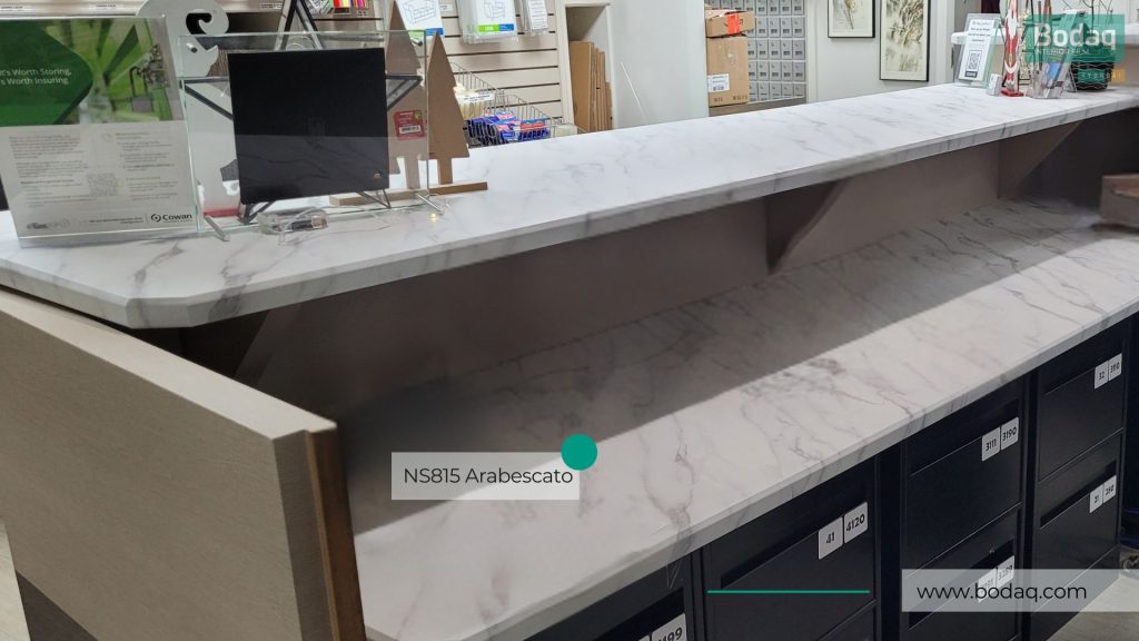 Reception Desk Countertop Surfaces Wrapped with NS815 Arabescato