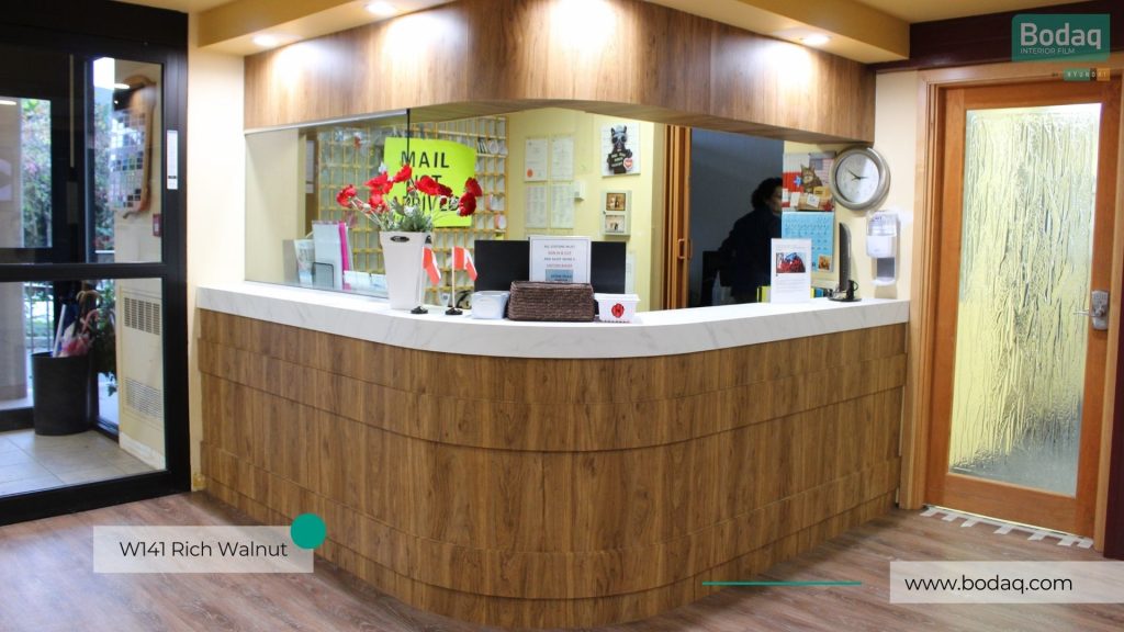 Seton Villa Reception Desk Refinished with W141 Rich Walnut