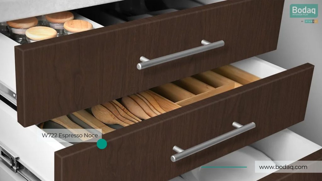 Kitchen Drawers Wrapped with W722 Espresso Noce