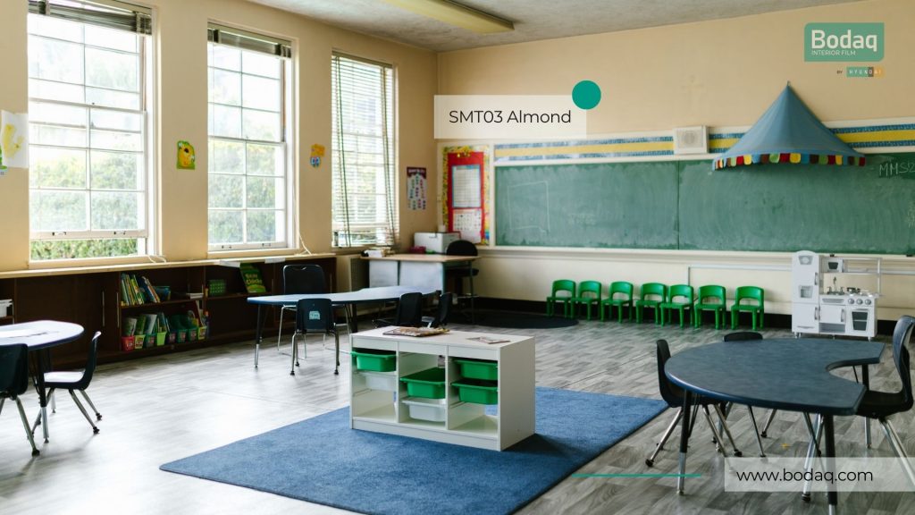 School classroom walls in the almond color