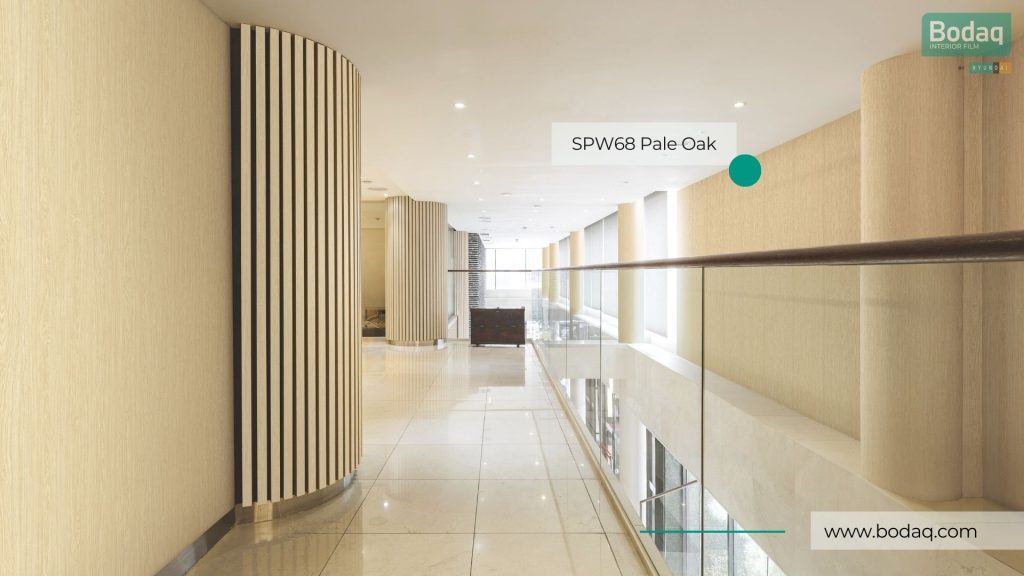 Office Building Walls and Wall Panels Resurfaced with SPW68 Pale Oak