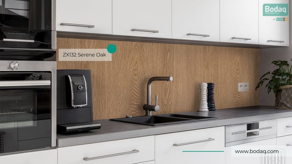 Kitchen Backsplash Wrapped with ZX132 Serene Oak