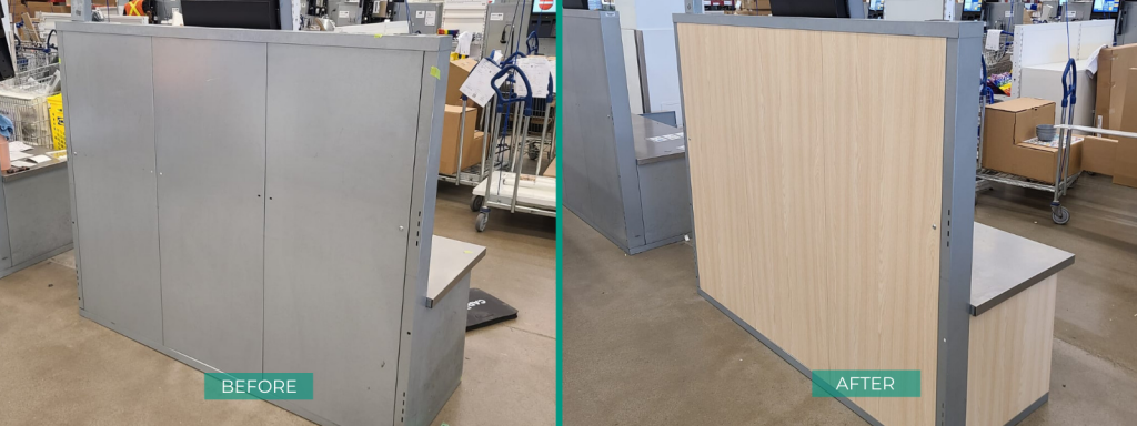 IKEA cashier desk - before and after refinishing with Bodaq