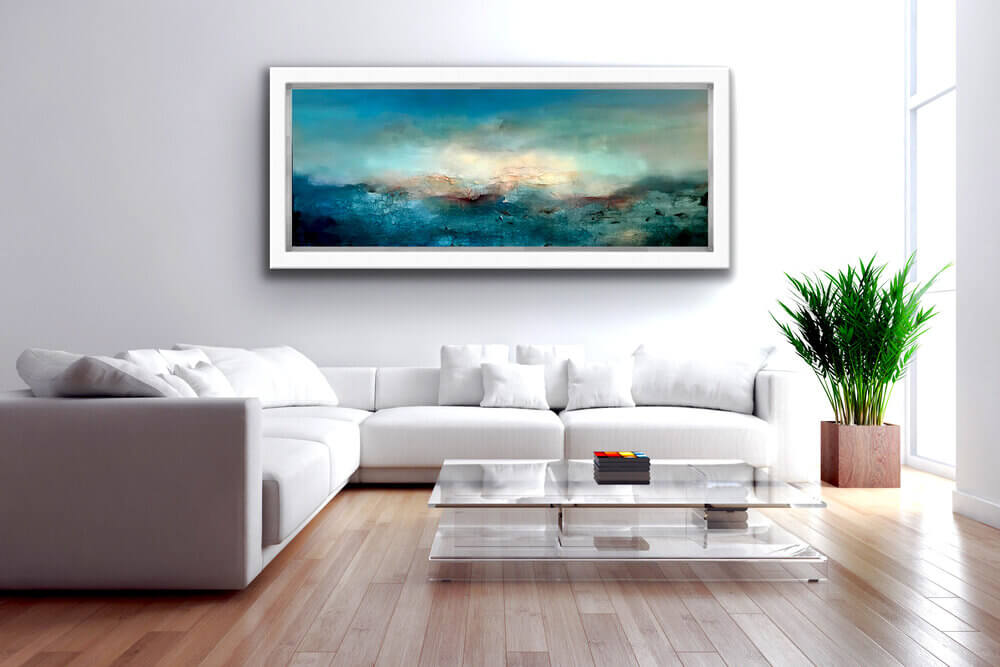 A contemporary abstract painting by Farahnaz Samari is a focal point of the modern living room.