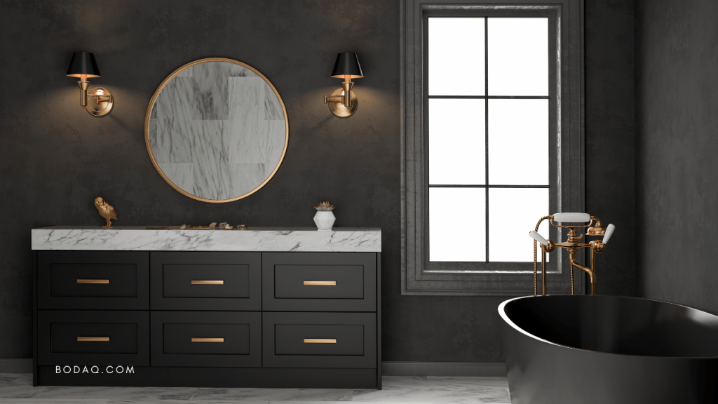 Metallic finishes to the fixtures in the bathroom