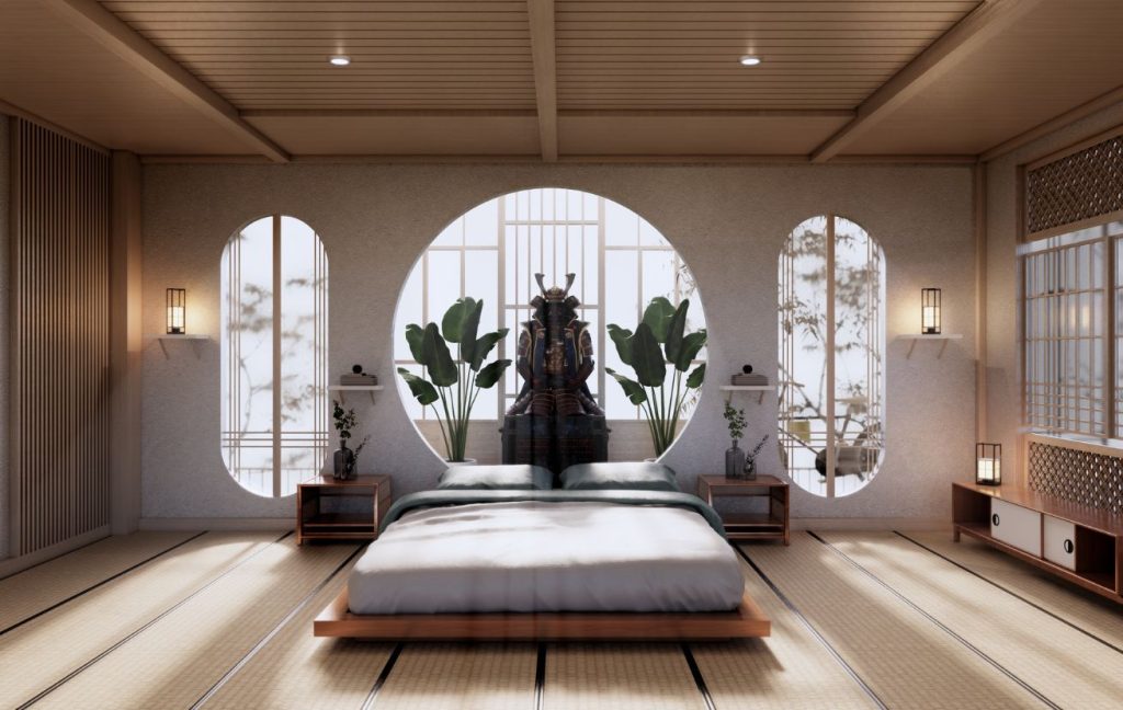 Modern Japanese interior design style. Bedroom