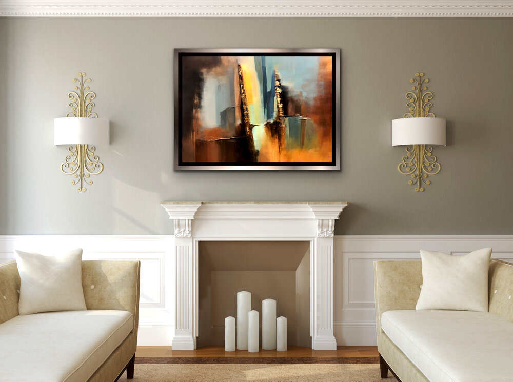 Add some art above fireplace. The artwork in the picture is by the Vancouver contemporary artist Farahnaz Samari
