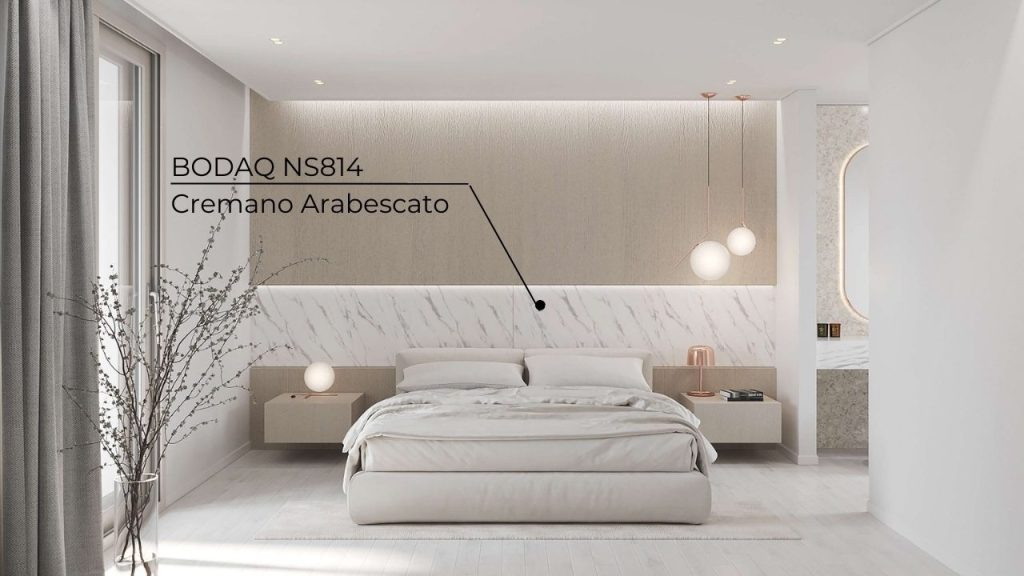 NS814 Cremona Arabescato marble applied to the headboard in the bedroom