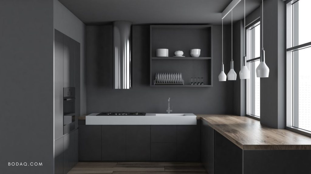 Kitchen walls and cabinets in the gray blue color