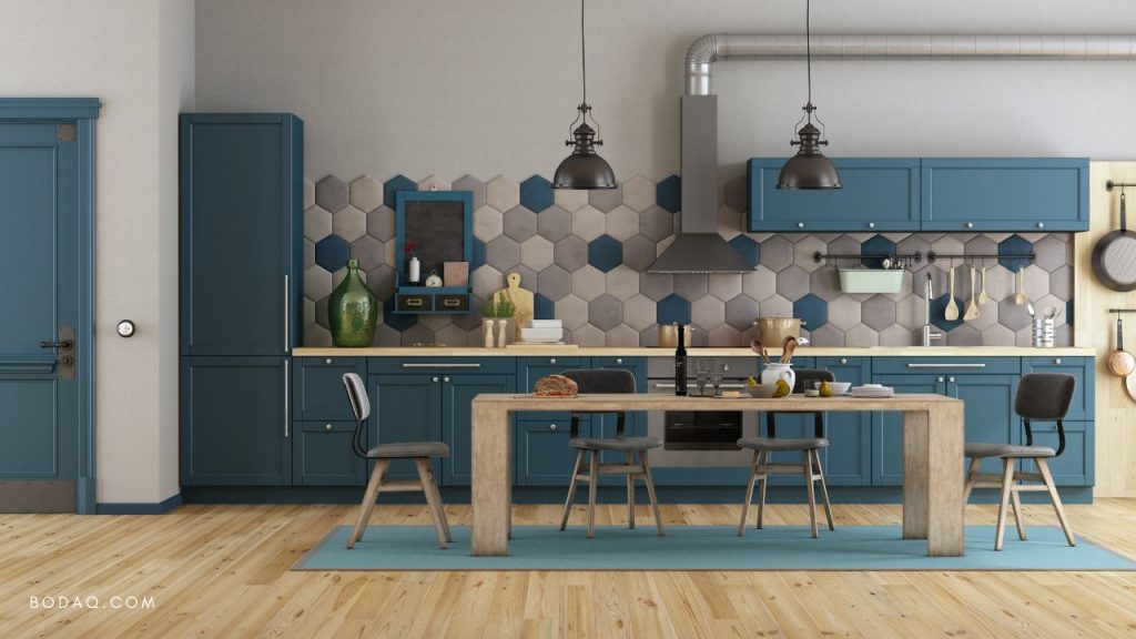 Gray blue color for the kitchen cabinets