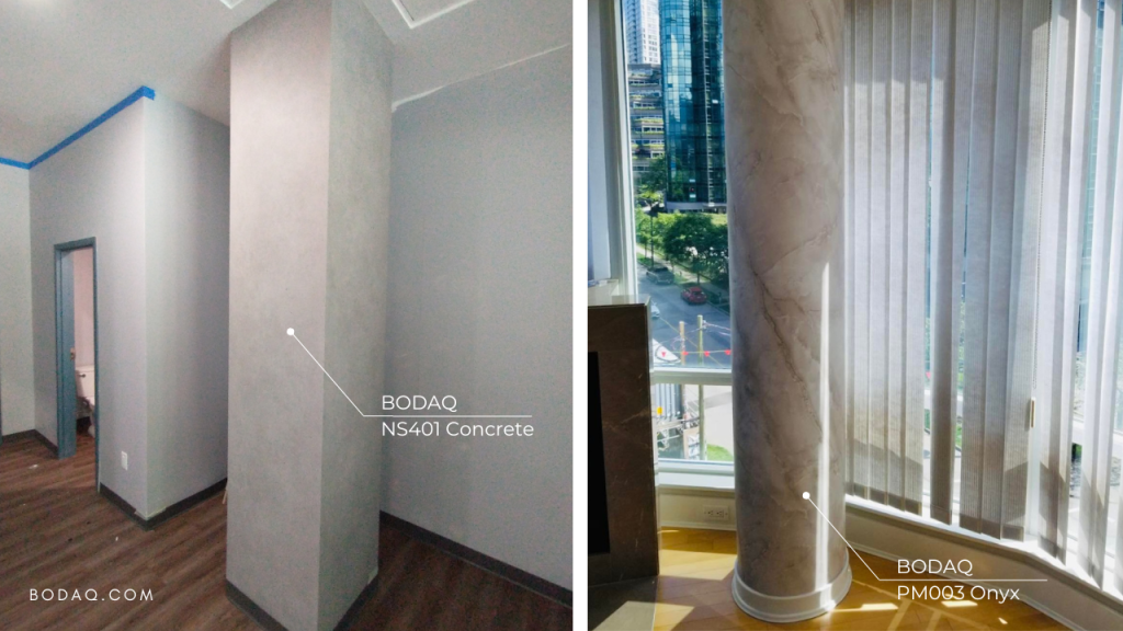 What to do with columns in your home? Wrap them with Bodaq Interior Film. NS401 Concrete on the rectangular shaped column and PM003 Onyx on the round shaped column