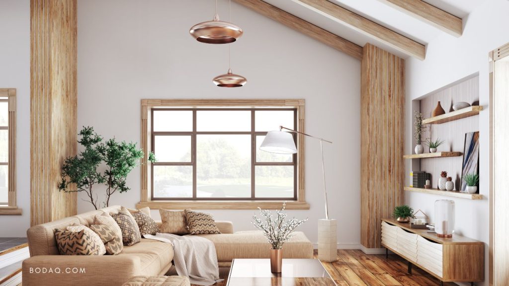 Wood columns and ceiling beams