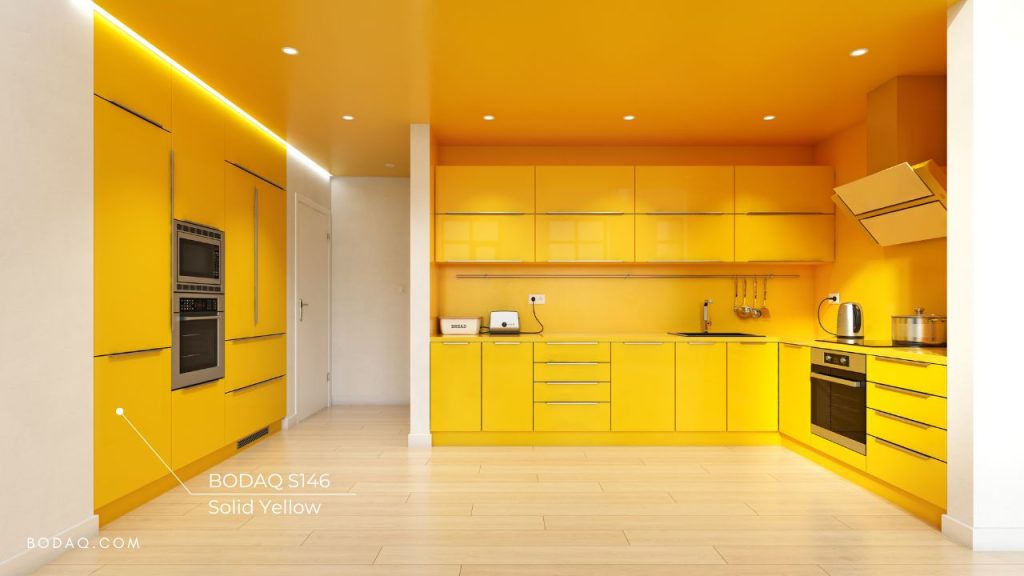 Simple kitchen decor ideas: Bodaq S146 Solid Yellow applied to one of the walls