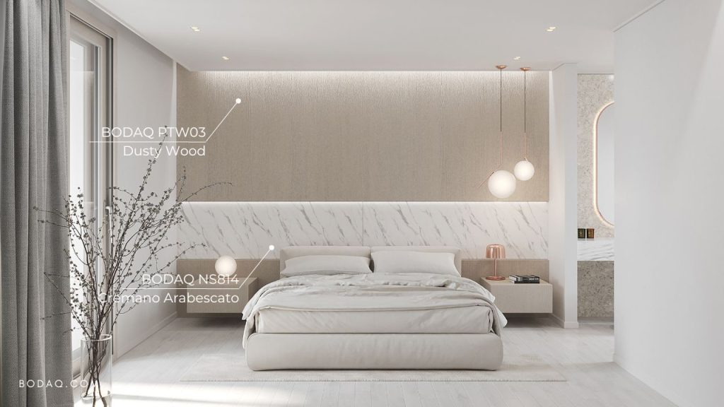 Marble: NS814 Cremano Arabescato in the bedroom inspired by traditional Asian interior design