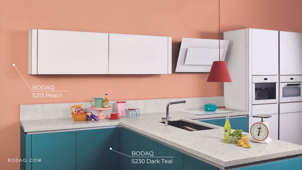 S213 Peach and S230 Dark Teal in the kitchen