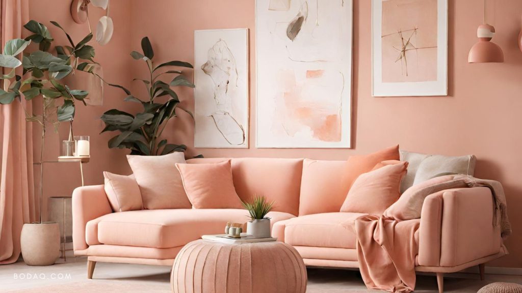 Cozy living monochromatic room in the Pantone color of the year - Peach Fuzz