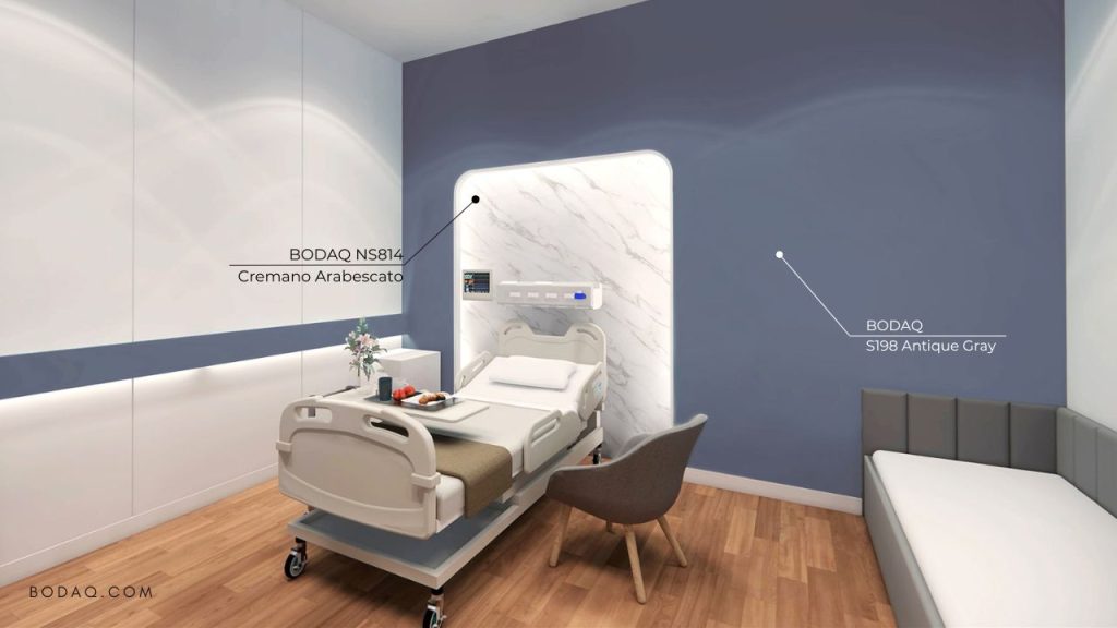 NS814 Cremano Arabescato and S198 Gray interior film patterns applied to the walls in the hospital room