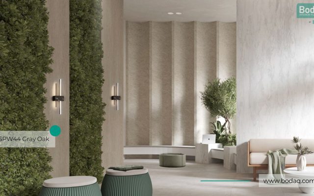 Hotel Lobby Walls Refinished with SPW44 Gray Oak interior film