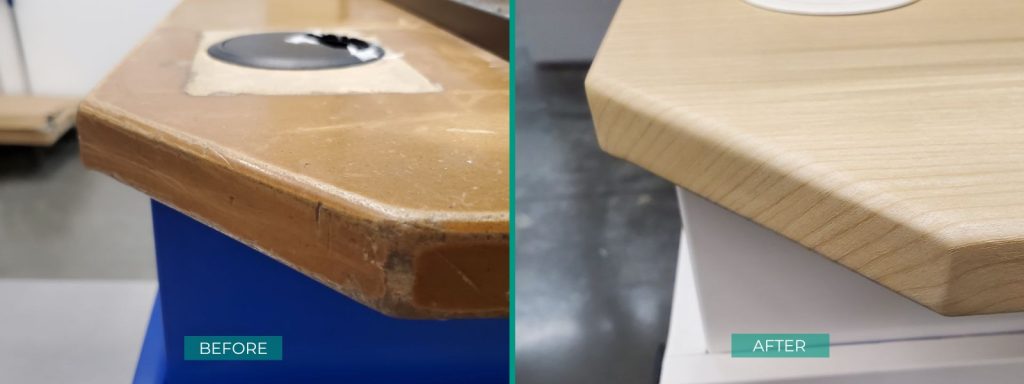 Worn and scratched surfaces. Before and After. Counter wrapped with interior film