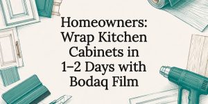Decorative kitchen cabinet wrap title card
