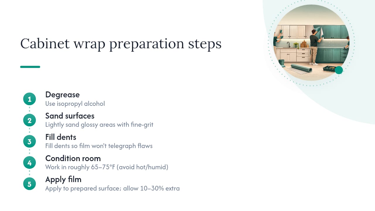 Five-step cabinet wrap preparation workflow