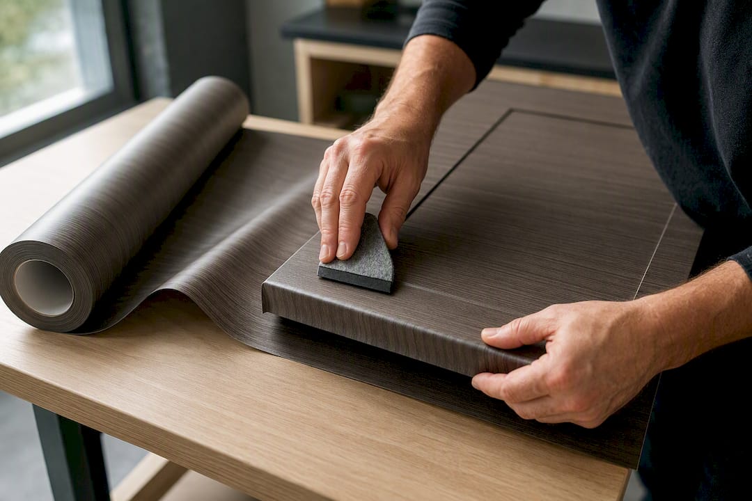 Homeowners: Cabinet Wrap Costs $3,000–$15,000; DIY, Pro, or Bodaq Film 2 Hands applying film to cabinet door edge