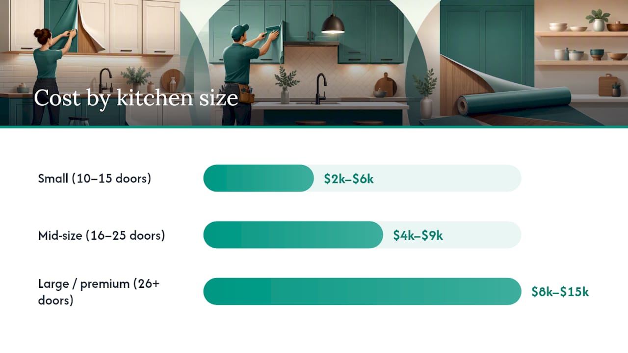 Homeowners: Cabinet Wrap Costs $3,000–$15,000; DIY, Pro, or Bodaq Film 1 How much does cabinet wrapping cost by kitchen size? — overview diagram