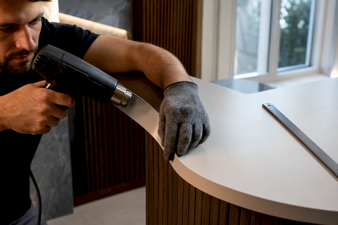 Installer heating film around curved panel edge