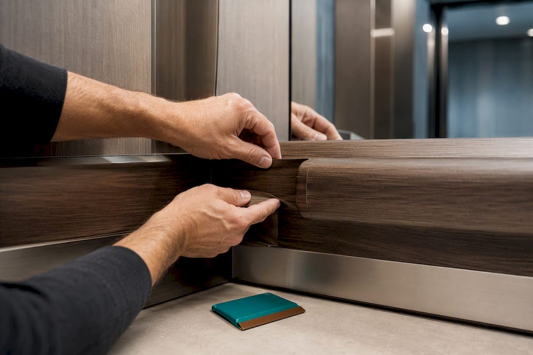 Installer fitting film around elevator handrail