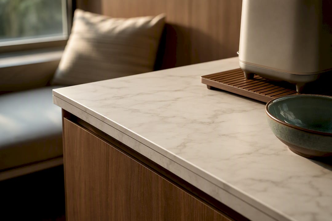 Wrapped countertop protected from hot appliance
