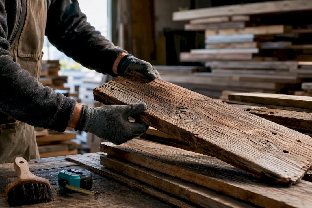 Renovator inspecting reclaimed timber board