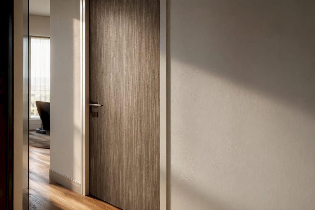 Textured wrapped door beside painted wall