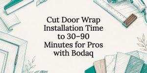 Decorative door wrap installation title card