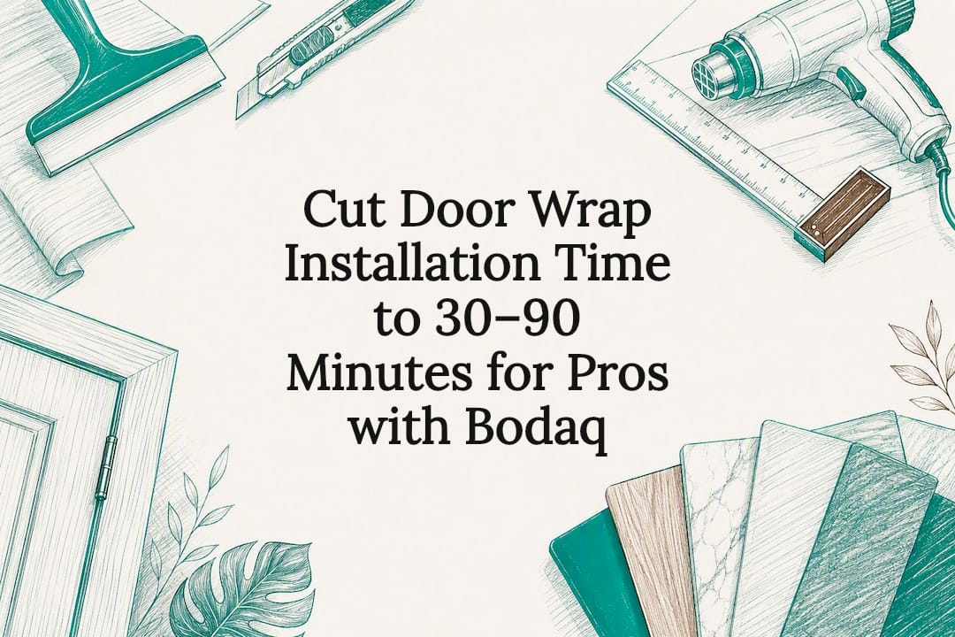 Decorative door wrap installation title card