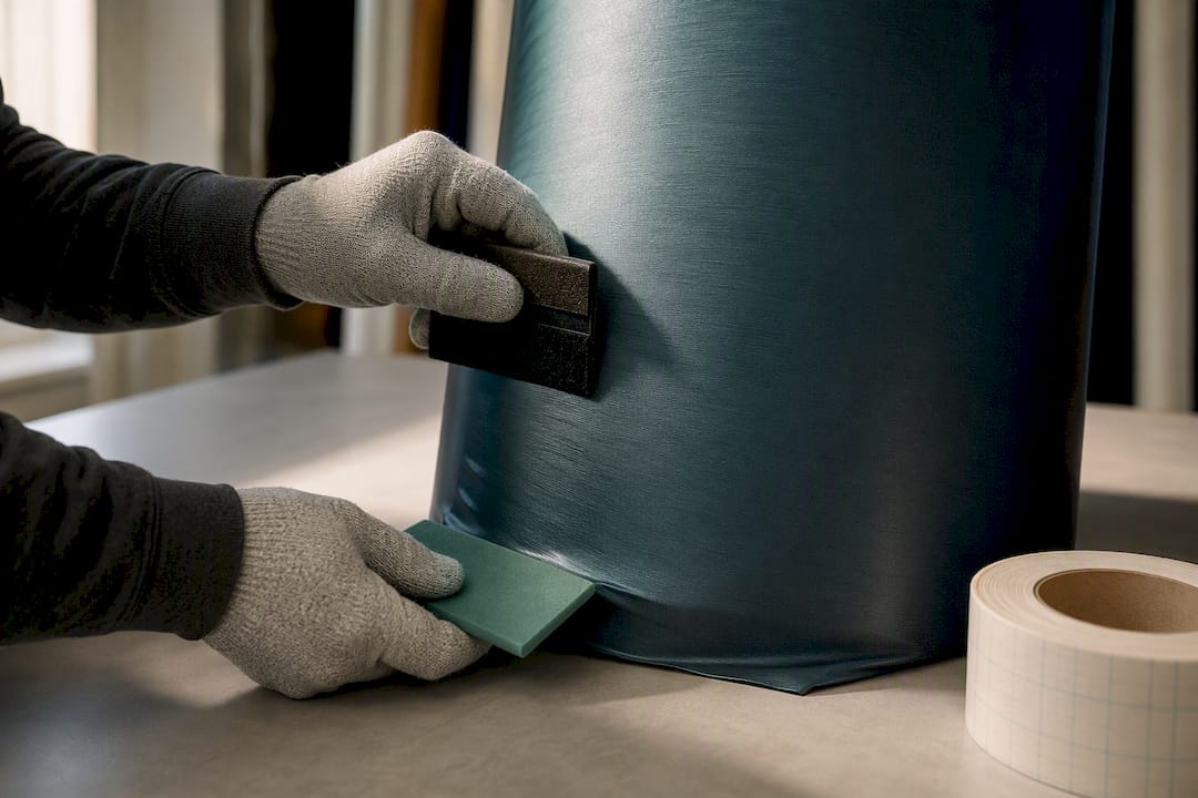 Felt squeegee smoothing film around cylinder