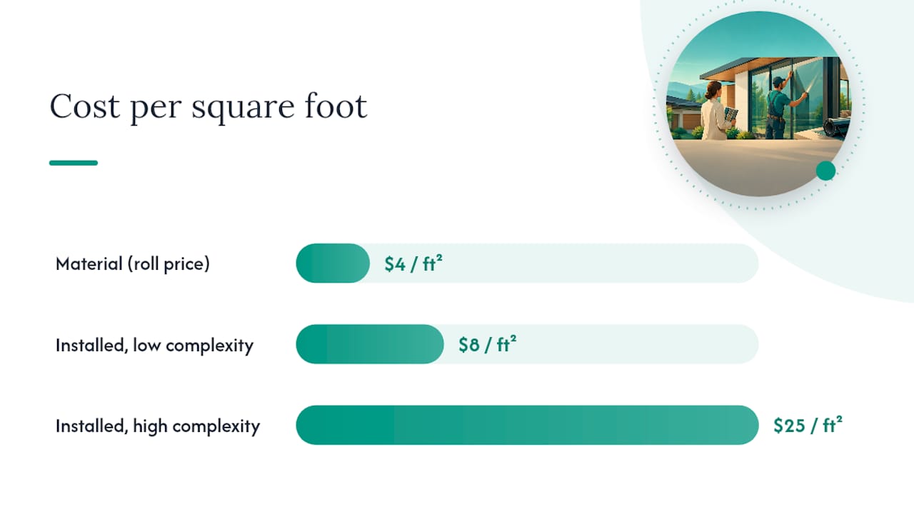At-a-glance cost summary: material, roll pricing, and installed rates — overview diagram