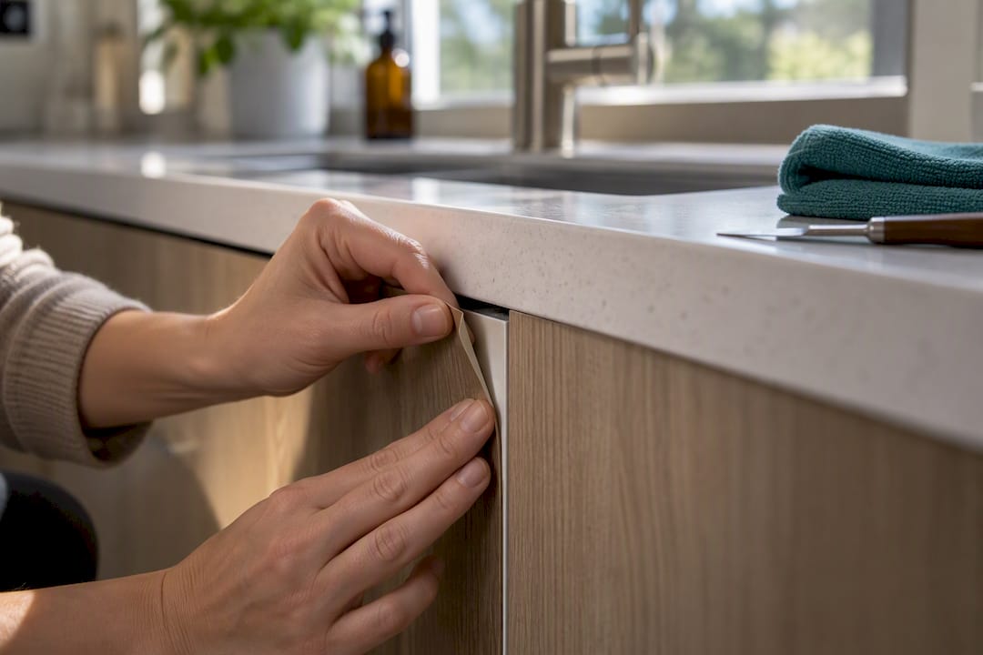 Lifted kitchen film edge beside sink