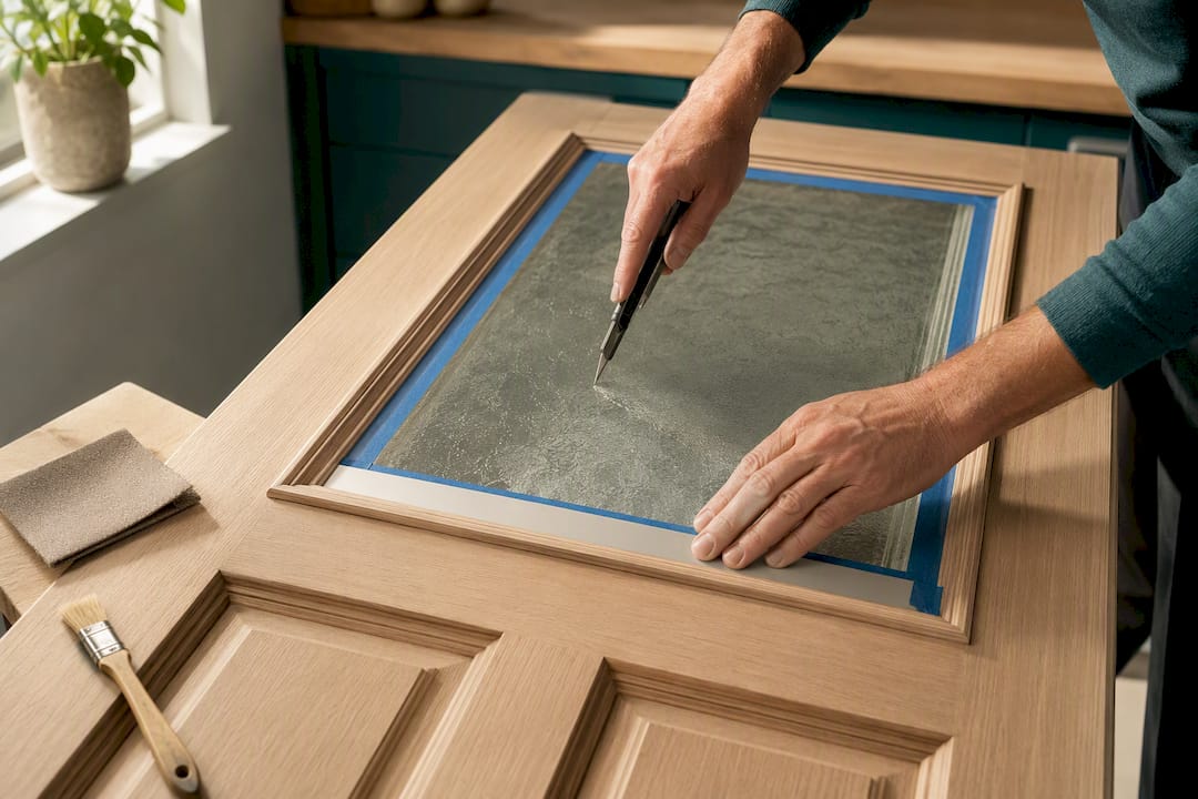 DIY Same Day Door Refresh Without Replacing, No Sanding Dust 1 Hands masking a glass door insert