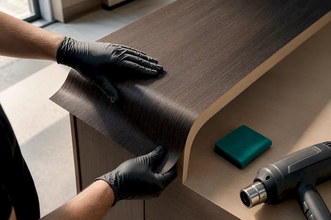 Installer wrapping film around rounded edge