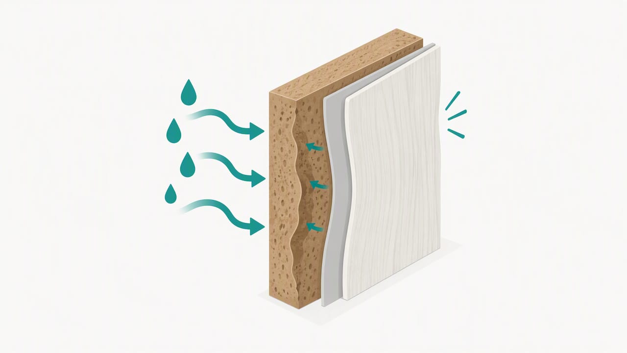 Moisture swelling a board beneath decorative film