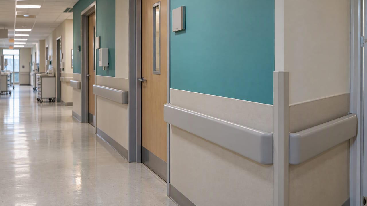 Protective lower wall band in hospital corridor